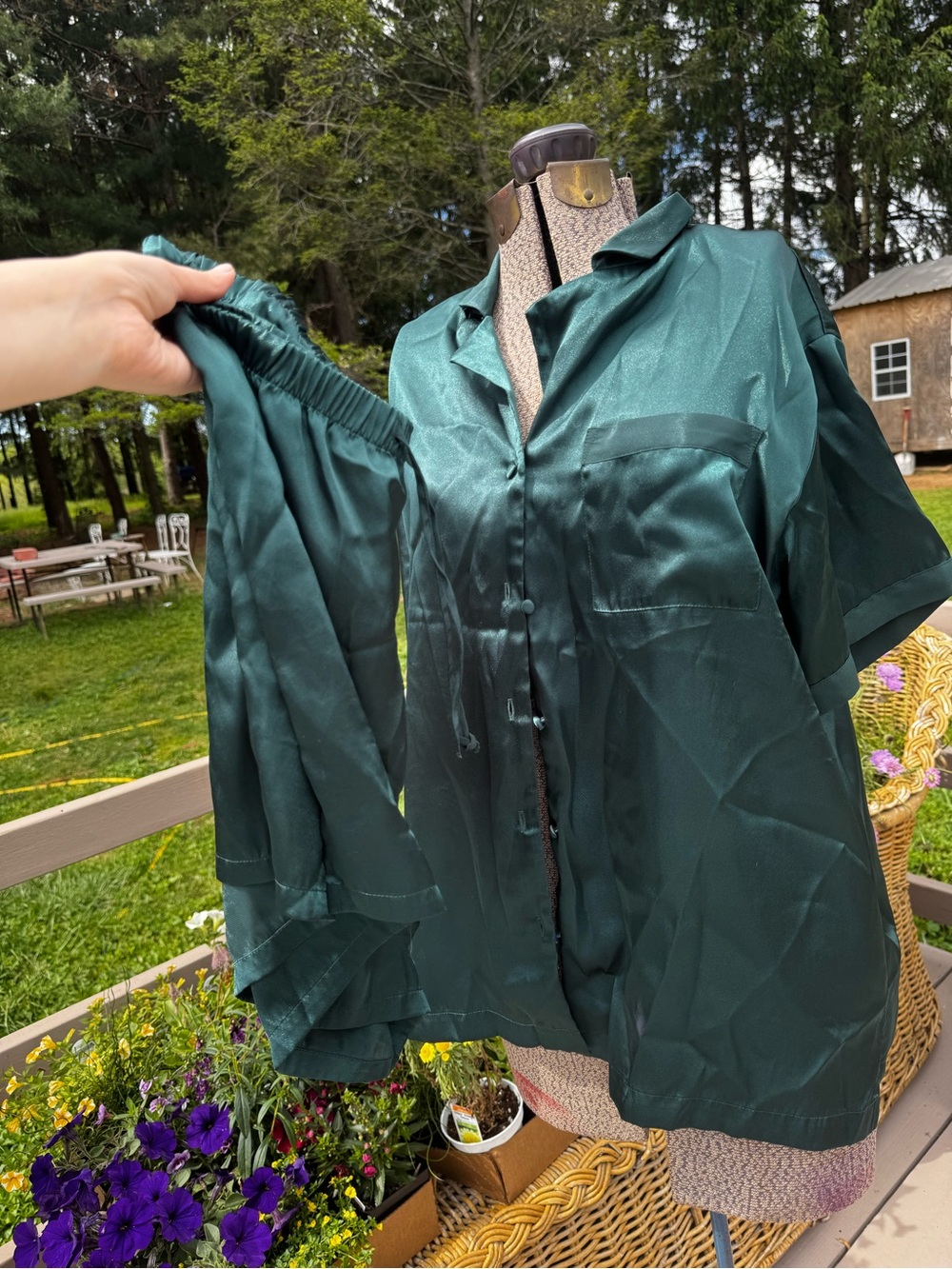 Satin Emerald Green Button-Up Pajama Set vintage